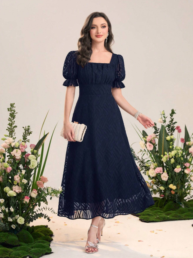 Modely Square-Neck Puff Sleeve A-Line Evening Dress