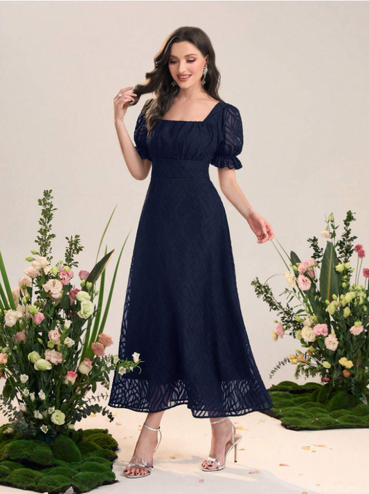 Modely Square-Neck Puff Sleeve A-Line Evening Dress